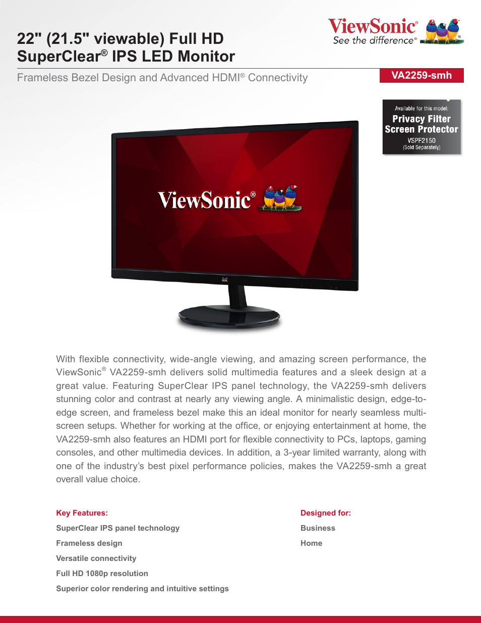 VIEWSONIC VA2259-SMH 22" 16:9 IPS Monitor User Manual | 2 pages