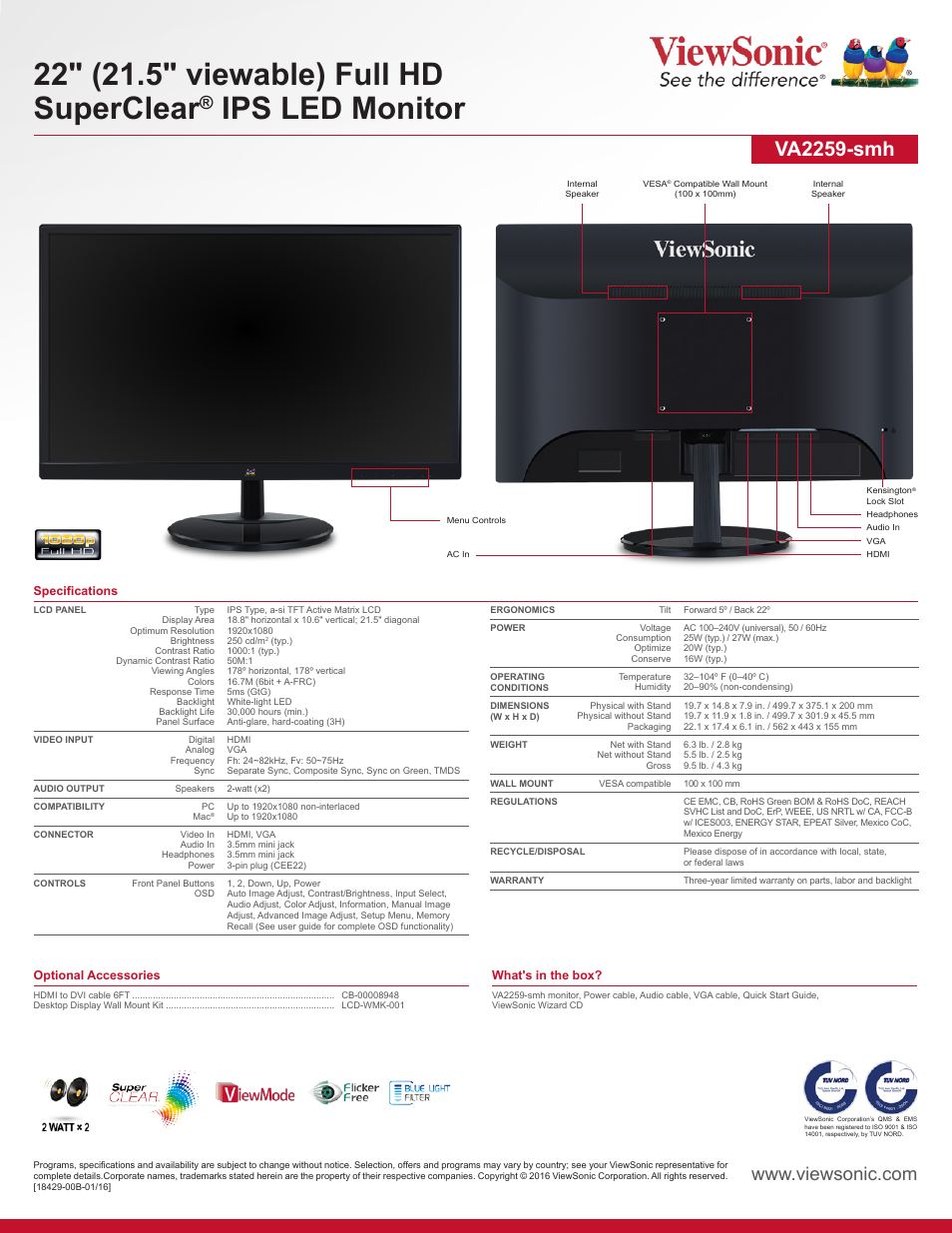 Ips led monitor, Va2259-smh | VIEWSONIC VA2259-SMH 22" 16:9 IPS Monitor User Manual | Page 2 / 2