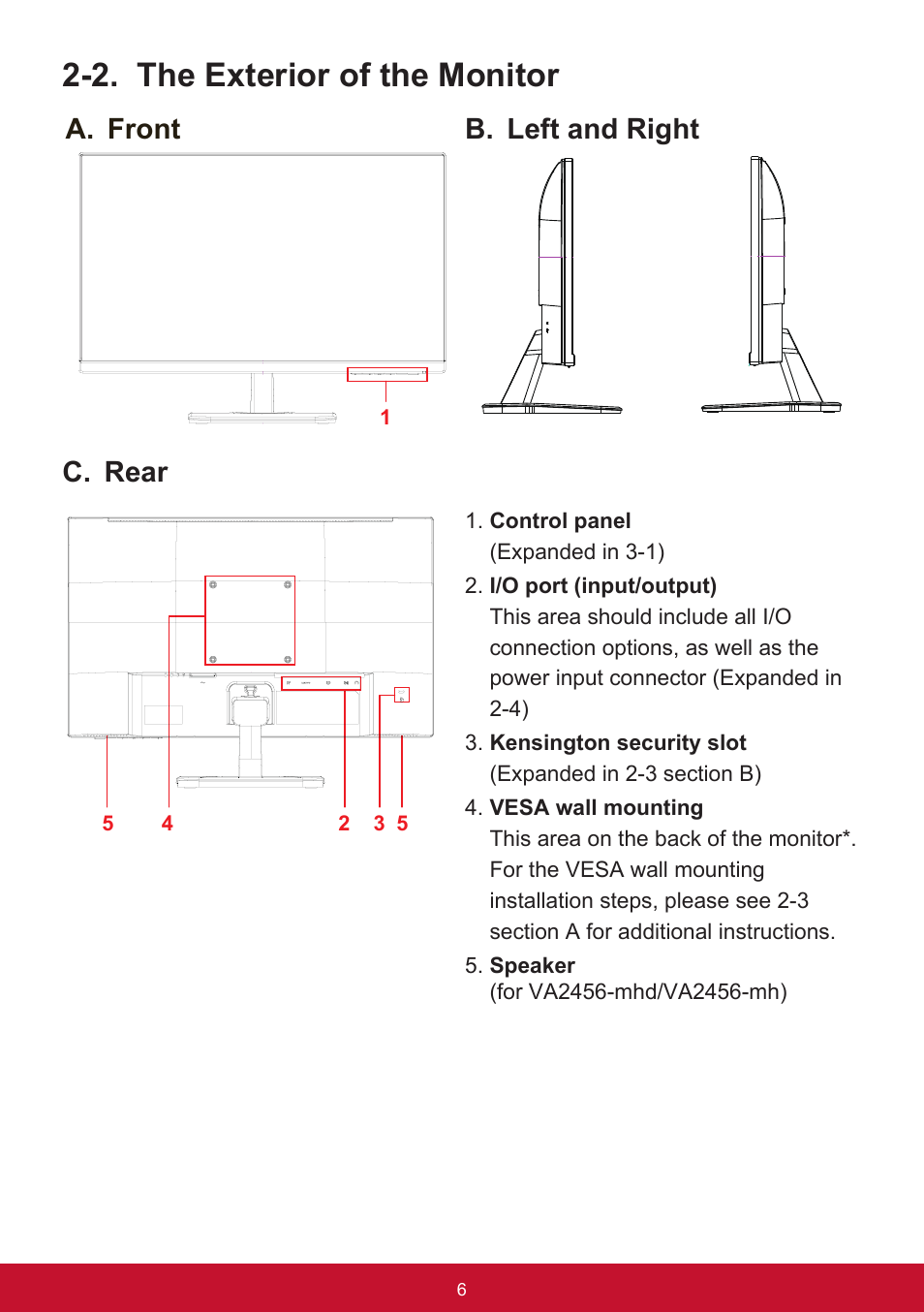 2. the exterior of the monitor, A. front b. left and right, C. rear | VIEWSONIC VA2456-MHD_H2 24" 16:9 IPS Monitor (2-Pack without Stand) User Manual | Page 10 / 60