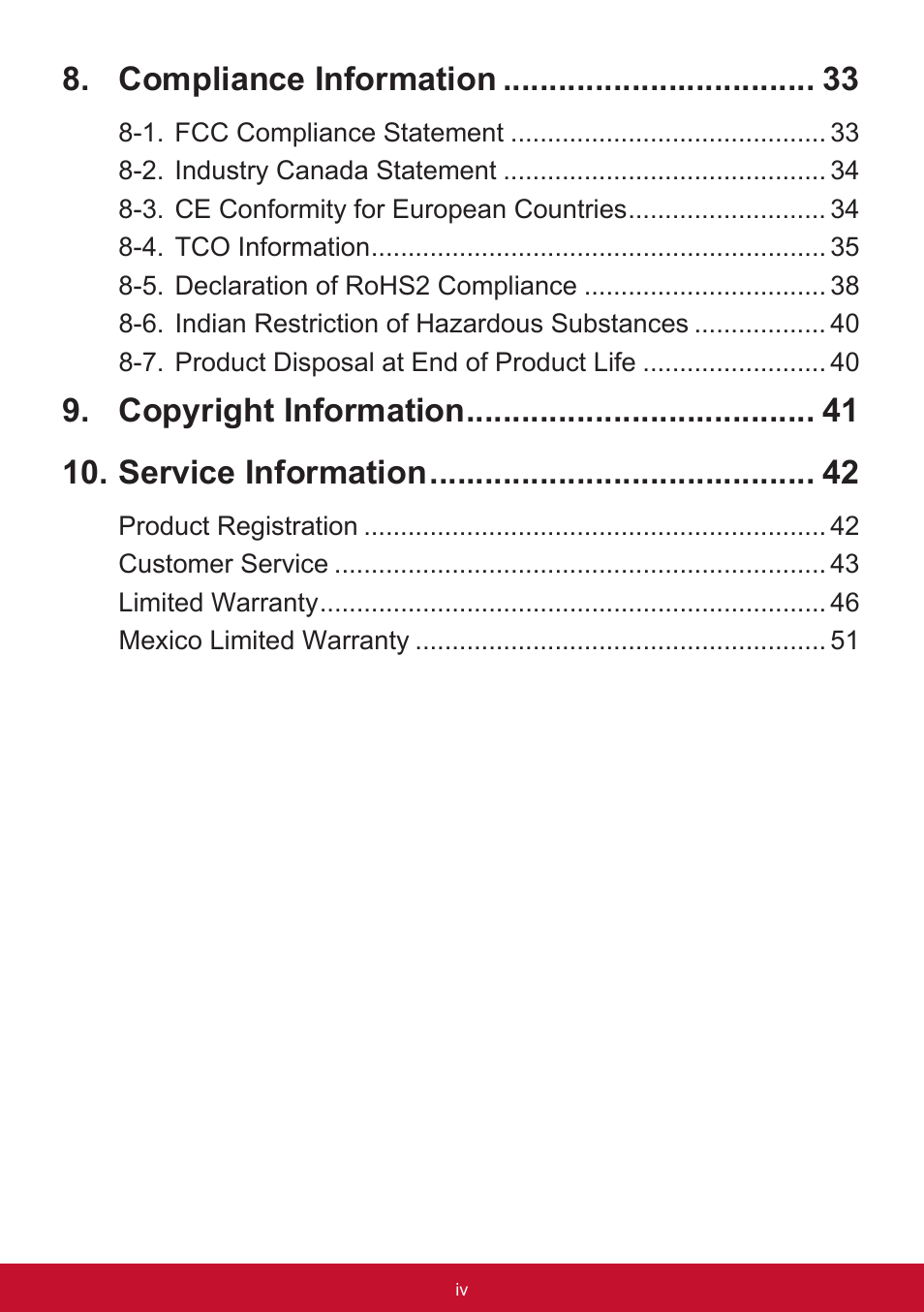 Compliance information, Copyright information 10. service information | VIEWSONIC VA2456-MHD_H2 24" 16:9 IPS Monitor (2-Pack without Stand) User Manual | Page 4 / 60
