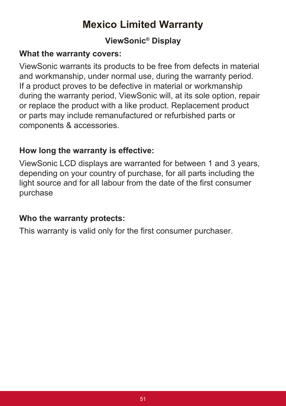 Mexico limited warranty | VIEWSONIC VA2456-MHD_H2 24" 16:9 IPS Monitor (2-Pack without Stand) User Manual | Page 55 / 60
