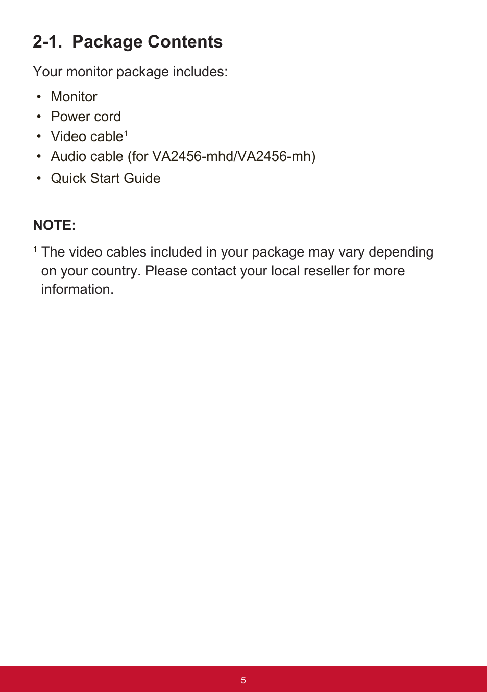 1. package contents | VIEWSONIC VA2456-MHD_H2 24" 16:9 IPS Monitor (2-Pack without Stand) User Manual | Page 9 / 60