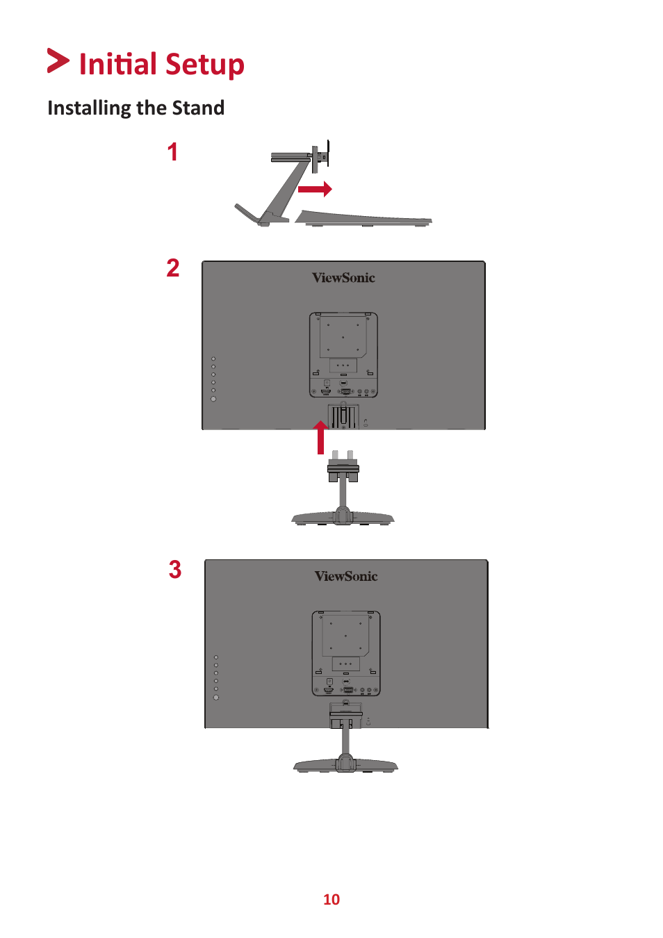 Initial setup, Installing the stand | VIEWSONIC VX2485-MHU 23.8" 16:9 FreeSync IPS Monitor User Manual | Page 10 / 52