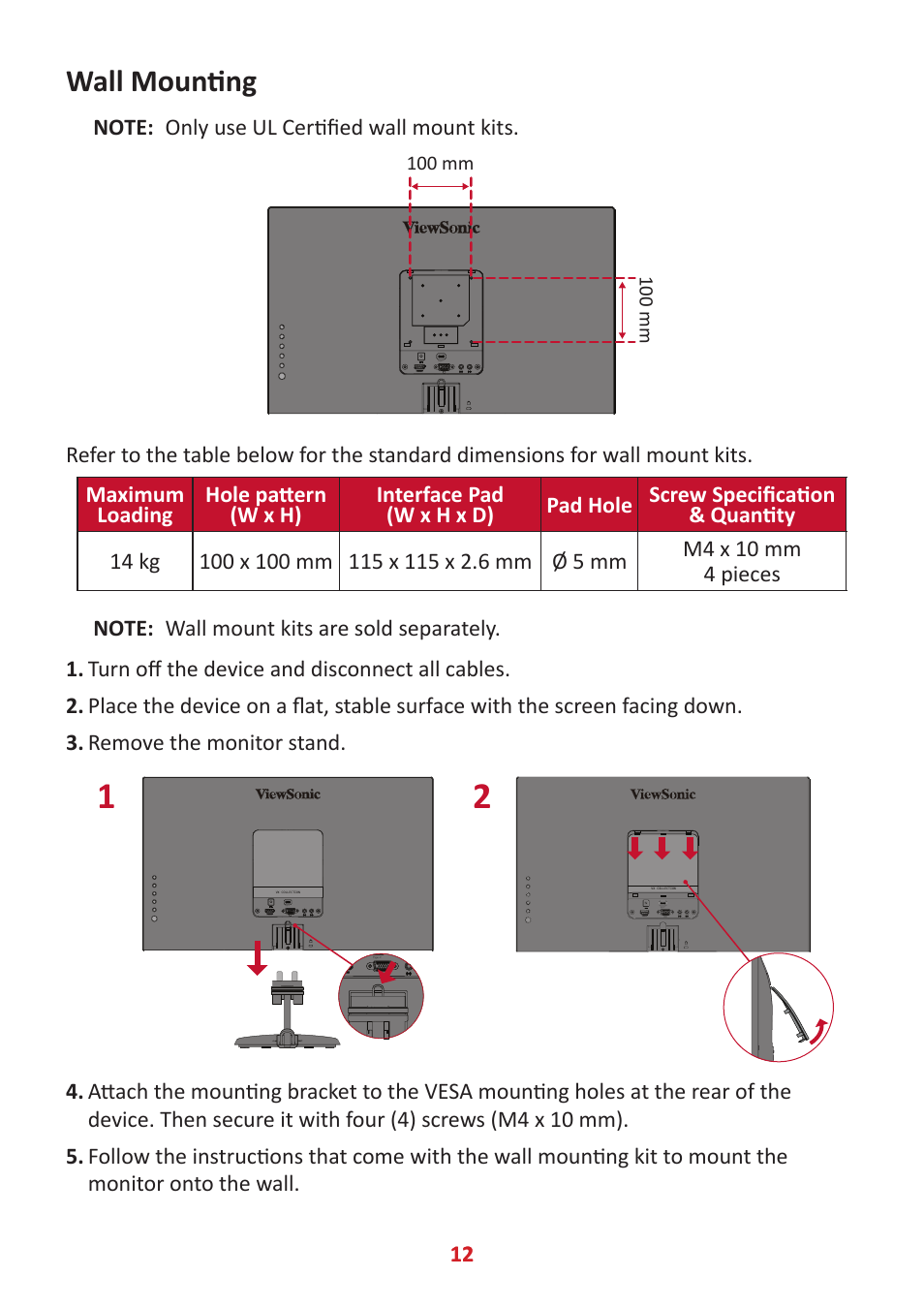 Wall mounting | VIEWSONIC VX2485-MHU 23.8" 16:9 FreeSync IPS Monitor User Manual | Page 12 / 52