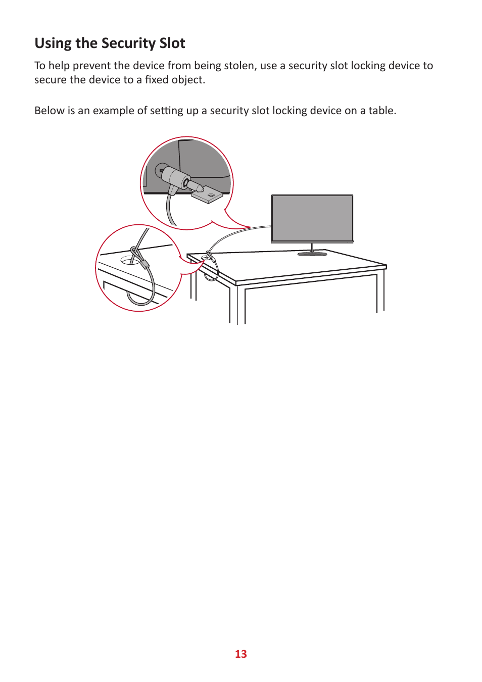 Using the security slot | VIEWSONIC VX2485-MHU 23.8" 16:9 FreeSync IPS Monitor User Manual | Page 13 / 52