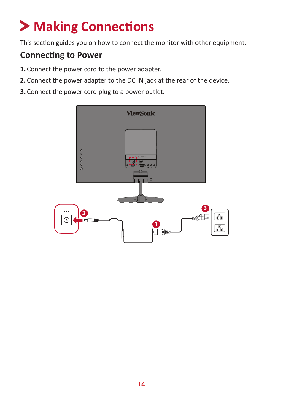 Making connections, Connecting to power | VIEWSONIC VX2485-MHU 23.8" 16:9 FreeSync IPS Monitor User Manual | Page 14 / 52