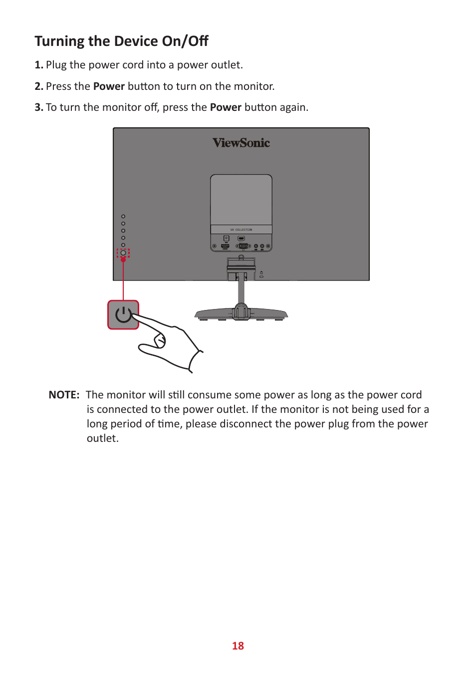 Turning the device on/off | VIEWSONIC VX2485-MHU 23.8" 16:9 FreeSync IPS Monitor User Manual | Page 18 / 52