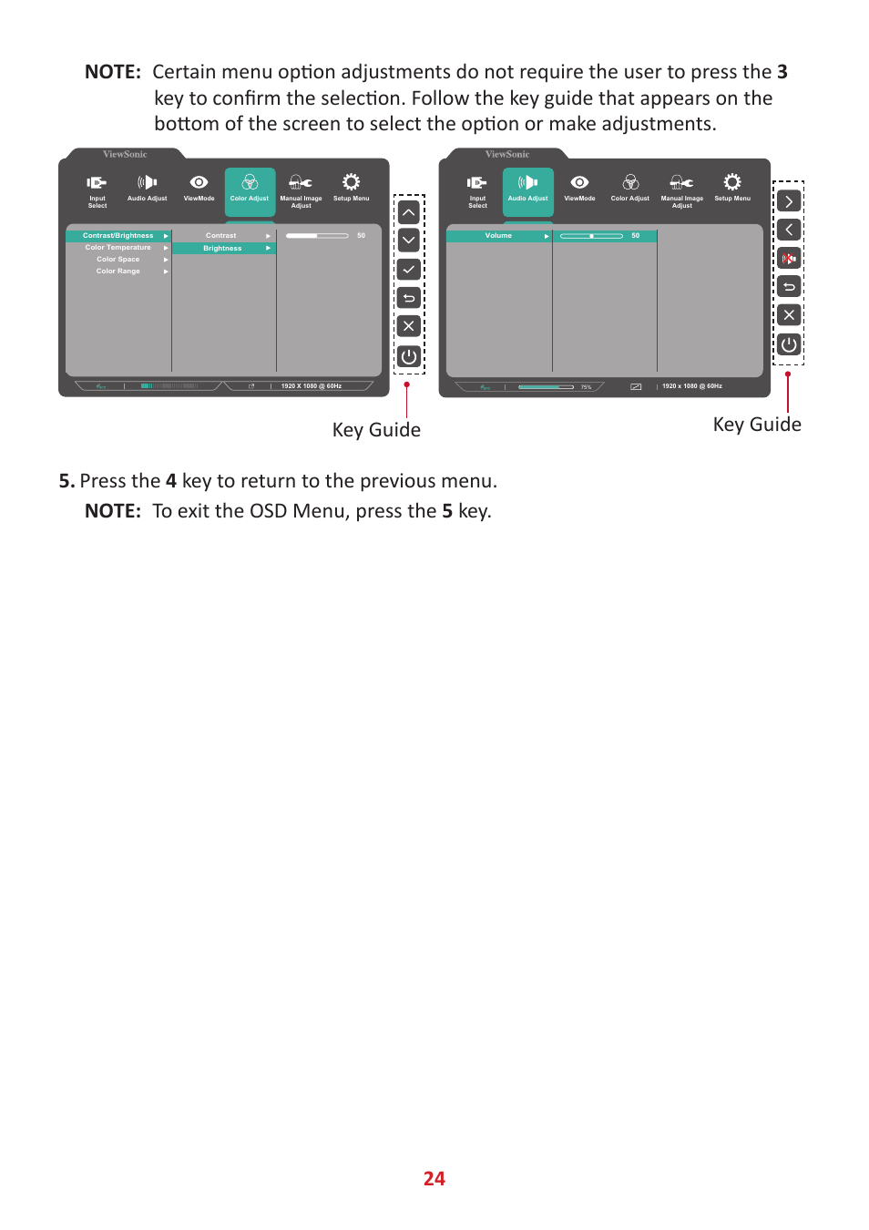 Key guide | VIEWSONIC VX2485-MHU 23.8" 16:9 FreeSync IPS Monitor User Manual | Page 24 / 52