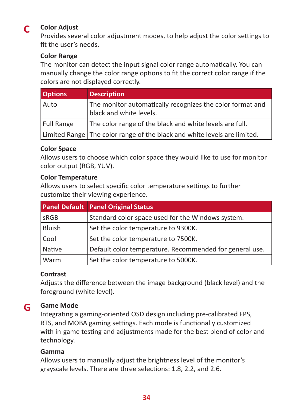 VIEWSONIC VX2485-MHU 23.8" 16:9 FreeSync IPS Monitor User Manual | Page 34 / 52