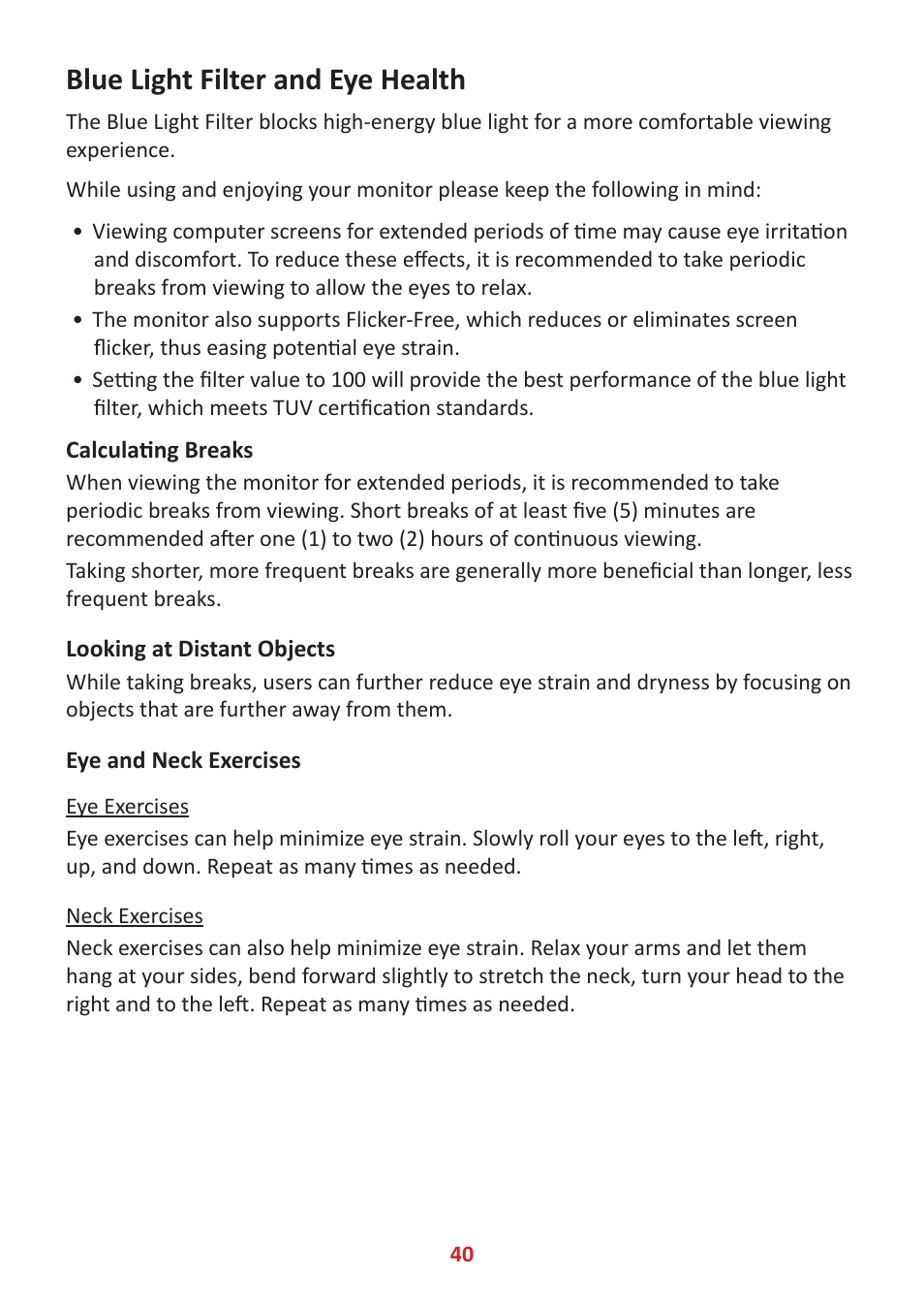 Blue light filter and eye health, Calculating breaks, Looking at distant objects | Eye and neck exercises | VIEWSONIC VX2485-MHU 23.8" 16:9 FreeSync IPS Monitor User Manual | Page 40 / 52