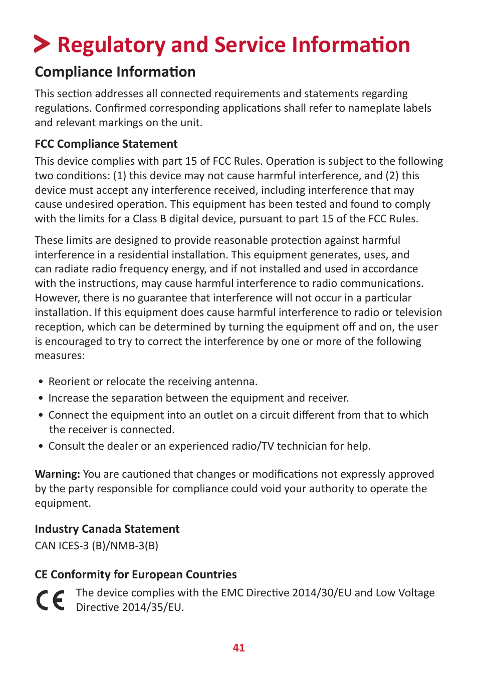 Regulatory and service information, Compliance information, Fcc compliance statement | Industry canada statement, Ce conformity for european countries | VIEWSONIC VX2485-MHU 23.8" 16:9 FreeSync IPS Monitor User Manual | Page 41 / 52