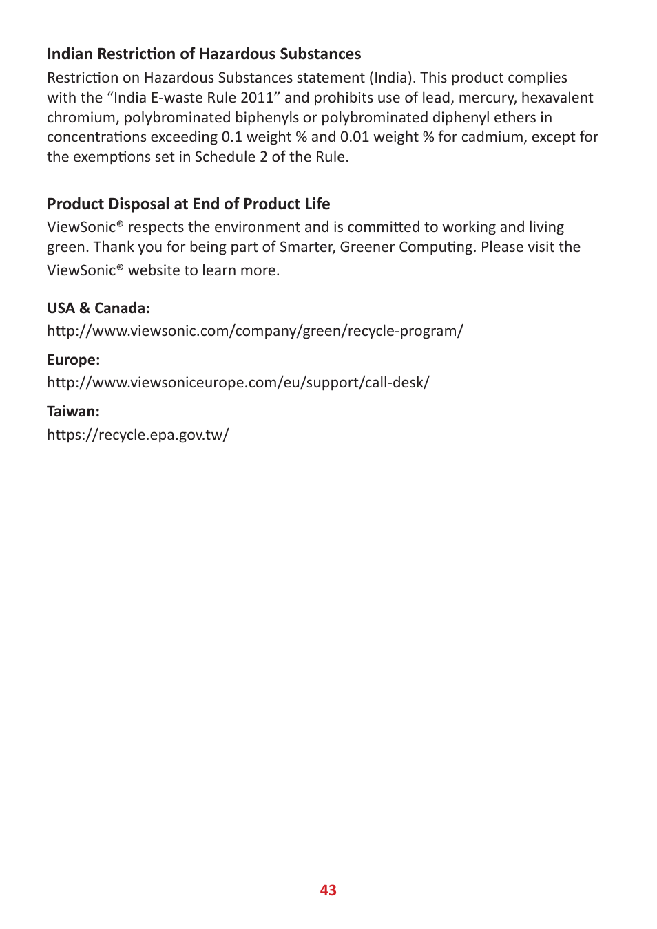 Indian restriction of hazardous substances, Product disposal at end of product life | VIEWSONIC VX2485-MHU 23.8" 16:9 FreeSync IPS Monitor User Manual | Page 43 / 52