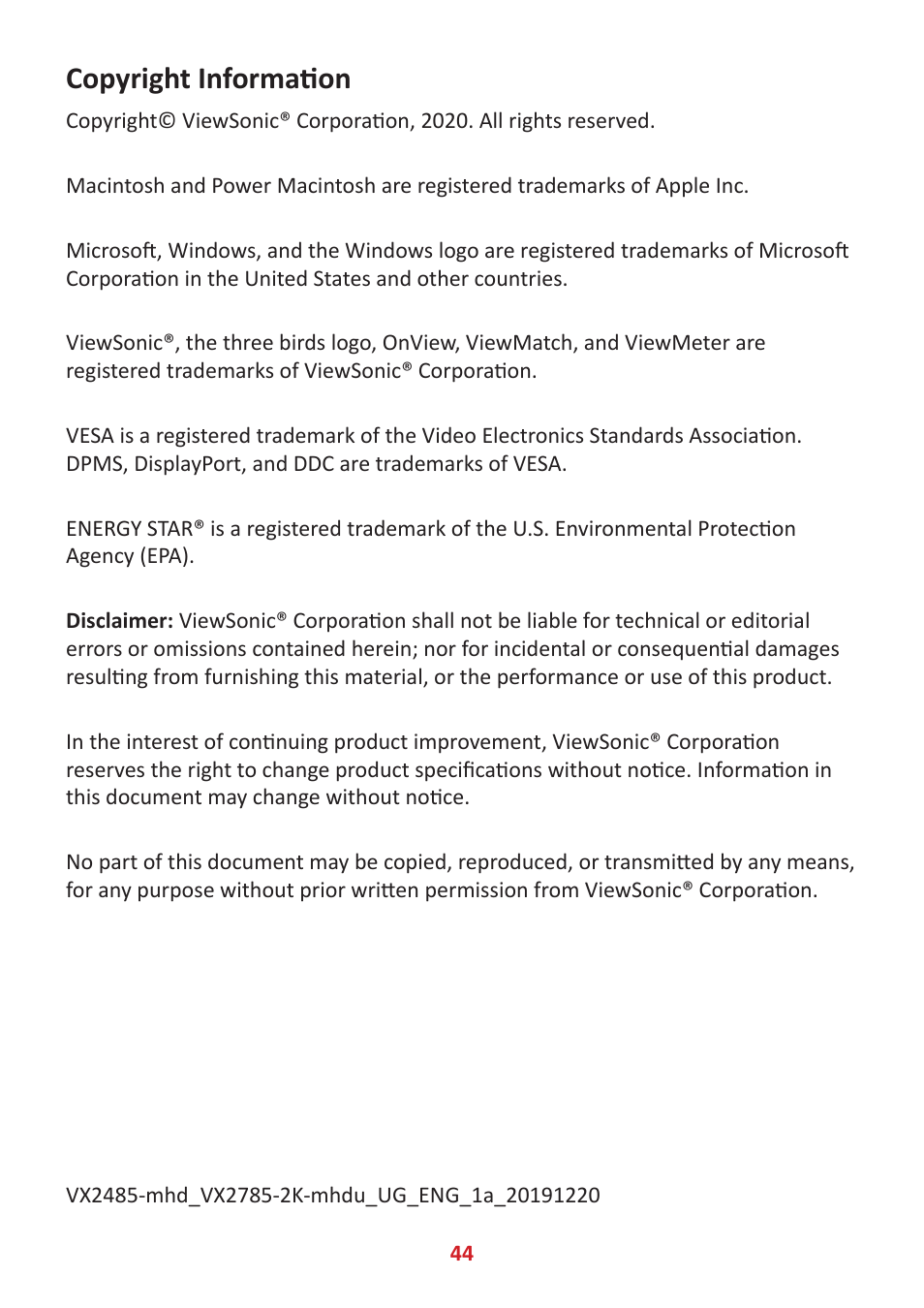 Copyright information | VIEWSONIC VX2485-MHU 23.8" 16:9 FreeSync IPS Monitor User Manual | Page 44 / 52