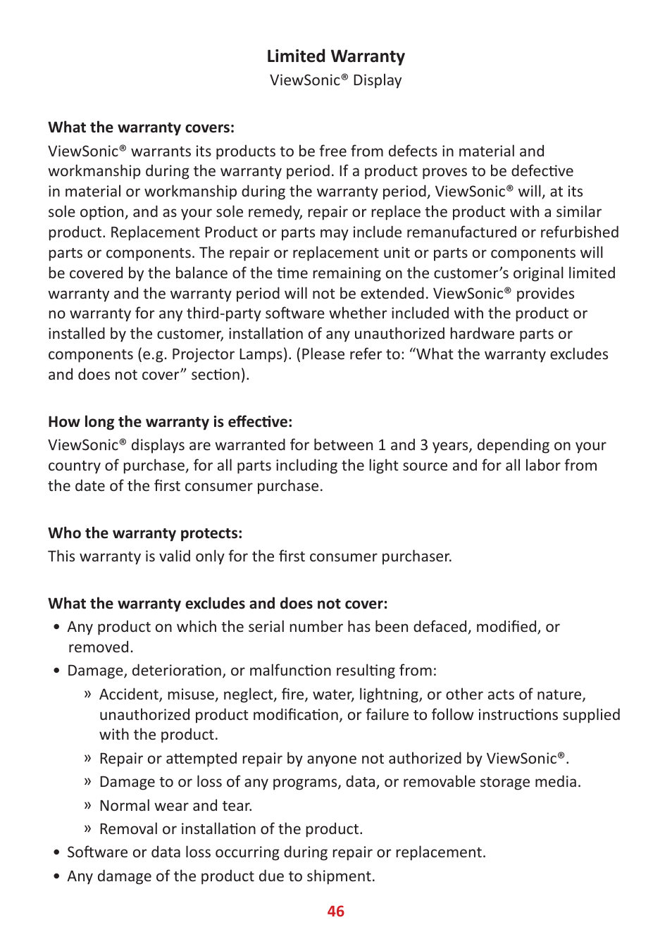 Limited warranty | VIEWSONIC VX2485-MHU 23.8" 16:9 FreeSync IPS Monitor User Manual | Page 46 / 52