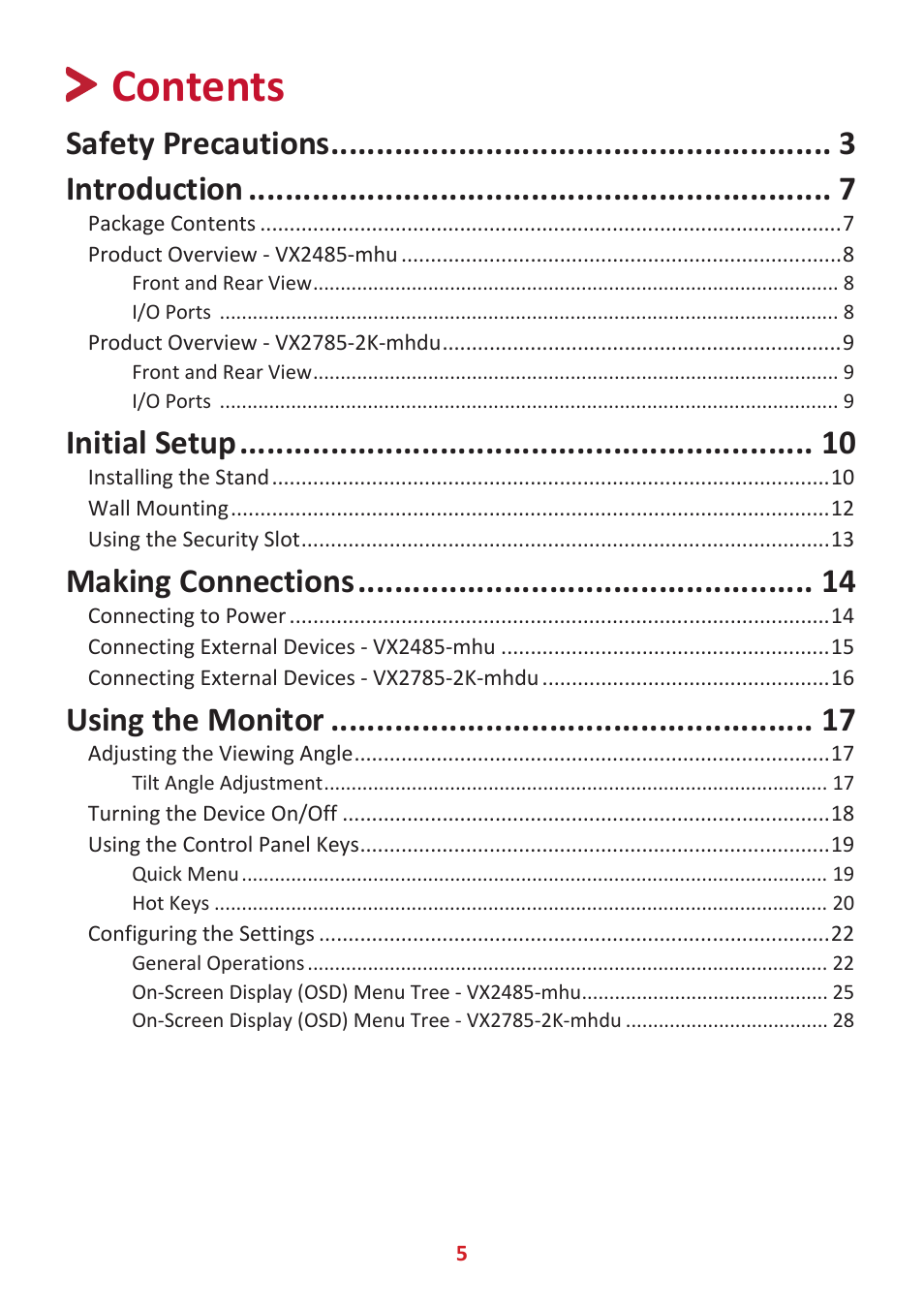 VIEWSONIC VX2485-MHU 23.8" 16:9 FreeSync IPS Monitor User Manual | Page 5 / 52