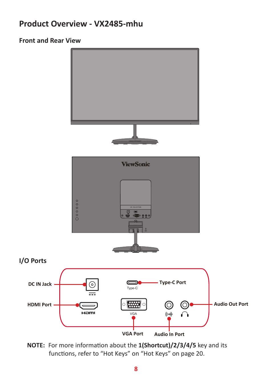 Product overview - vx2485-mhu, Front and rear view, I/o ports | VIEWSONIC VX2485-MHU 23.8" 16:9 FreeSync IPS Monitor User Manual | Page 8 / 52