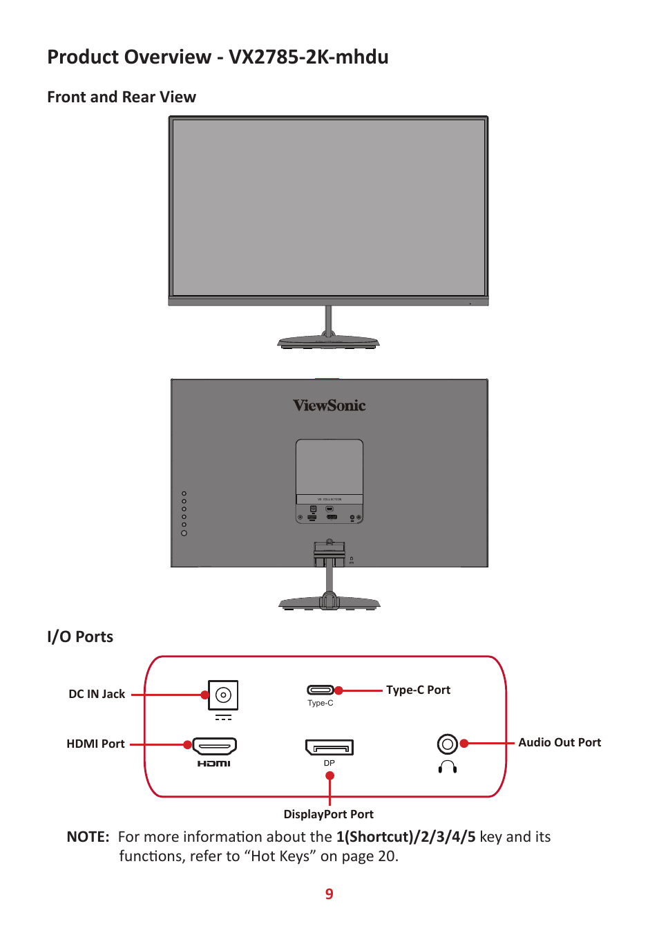 Product overview - vx2785-2k-mhdu, Front and rear view, I/o ports | VIEWSONIC VX2485-MHU 23.8" 16:9 FreeSync IPS Monitor User Manual | Page 9 / 52