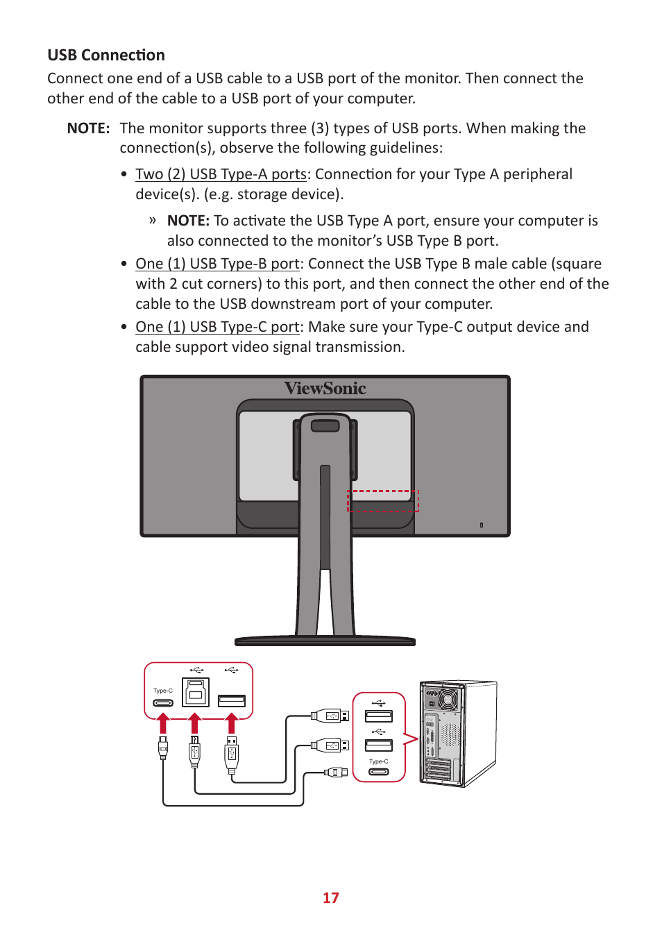 Usb connection | VIEWSONIC VP3481a 34" 21:9 Curved FreeSync 100 Hz USB Type-C Docking LCD Monitor User Manual | Page 17 / 90