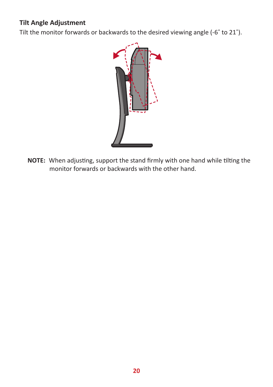 Tilt angle adjustment | VIEWSONIC VP3481a 34" 21:9 Curved FreeSync 100 Hz USB Type-C Docking LCD Monitor User Manual | Page 20 / 90