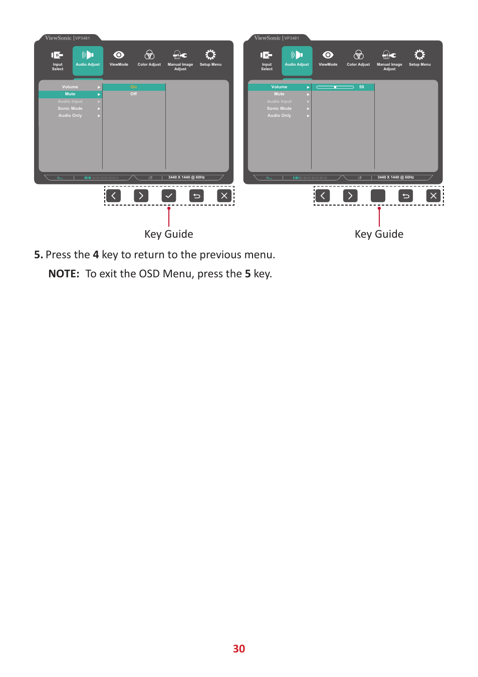 Key guide | VIEWSONIC VP3481a 34" 21:9 Curved FreeSync 100 Hz USB Type-C Docking LCD Monitor User Manual | Page 30 / 90