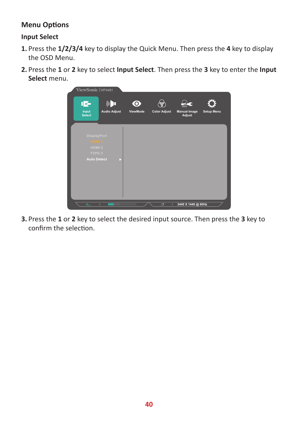 Menu options | VIEWSONIC VP3481a 34" 21:9 Curved FreeSync 100 Hz USB Type-C Docking LCD Monitor User Manual | Page 40 / 90