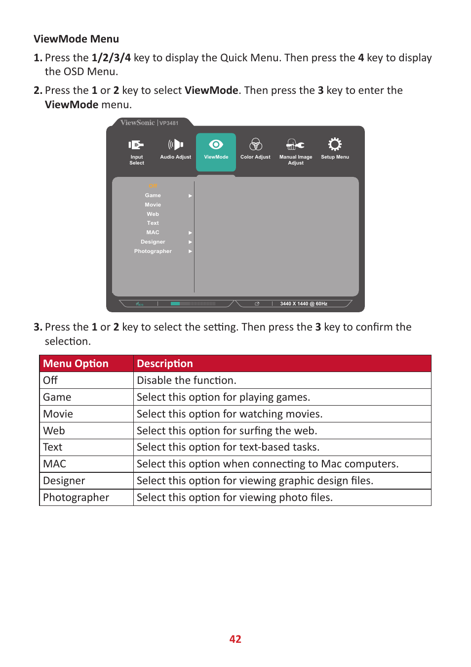 VIEWSONIC VP3481a 34" 21:9 Curved FreeSync 100 Hz USB Type-C Docking LCD Monitor User Manual | Page 42 / 90