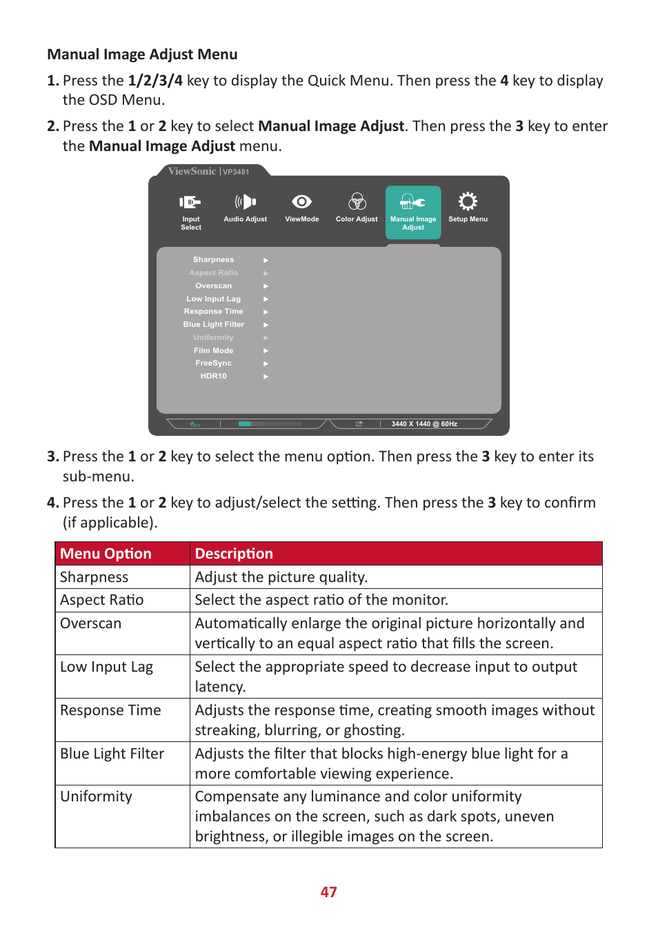 VIEWSONIC VP3481a 34" 21:9 Curved FreeSync 100 Hz USB Type-C Docking LCD Monitor User Manual | Page 47 / 90