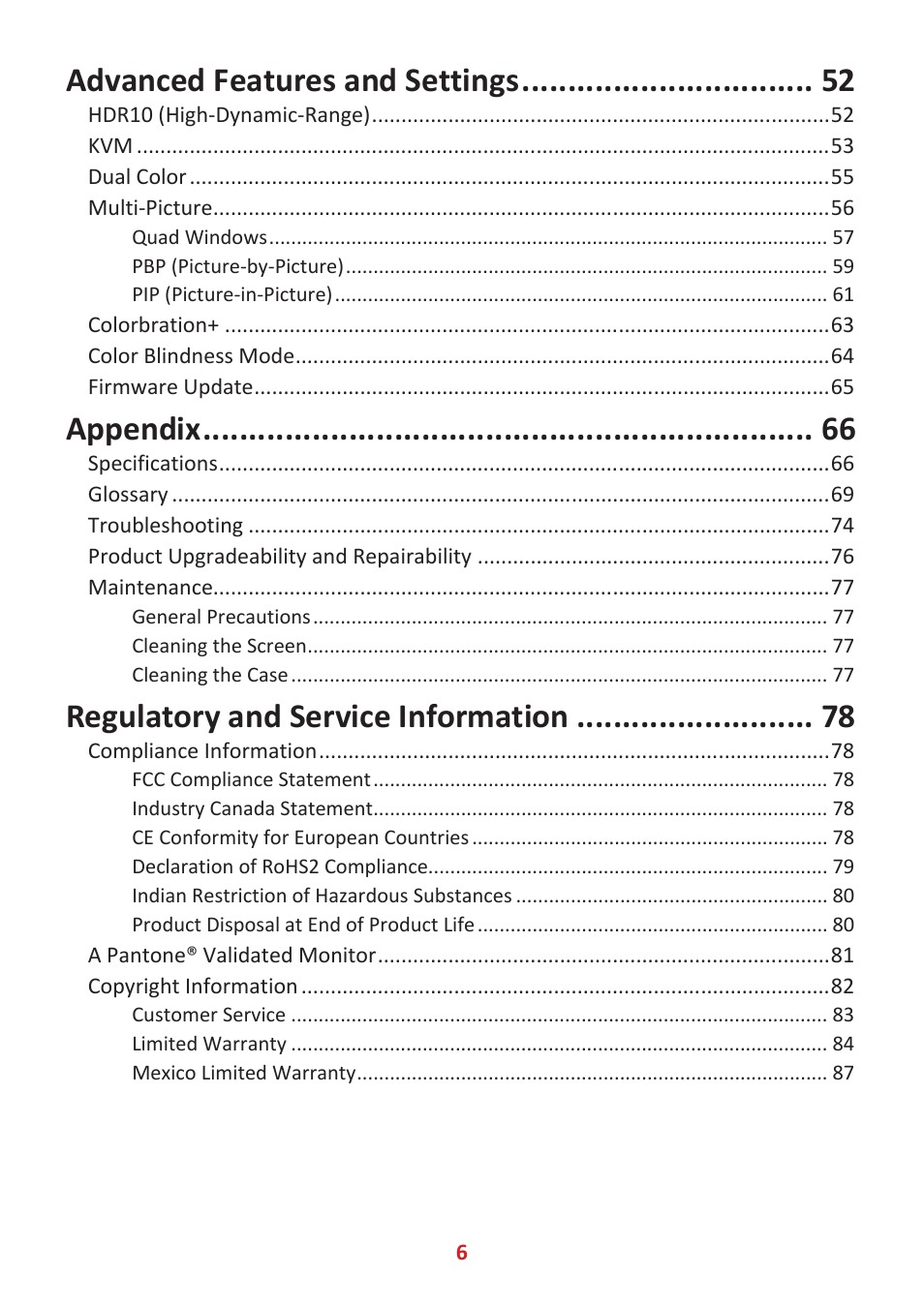 Advanced features and settings, Appendix, Regulatory and service information | VIEWSONIC VP3481a 34" 21:9 Curved FreeSync 100 Hz USB Type-C Docking LCD Monitor User Manual | Page 6 / 90