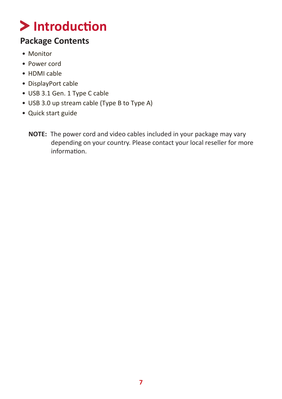 Introduction, Package contents | VIEWSONIC VP3481a 34" 21:9 Curved FreeSync 100 Hz USB Type-C Docking LCD Monitor User Manual | Page 7 / 90
