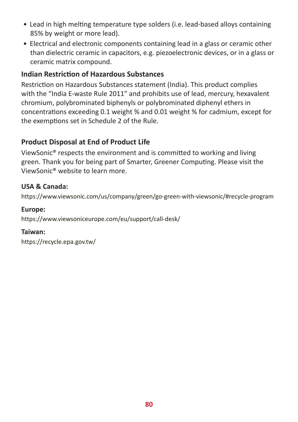 Indian restriction of hazardous substances, Product disposal at end of product life | VIEWSONIC VP3481a 34" 21:9 Curved FreeSync 100 Hz USB Type-C Docking LCD Monitor User Manual | Page 80 / 90