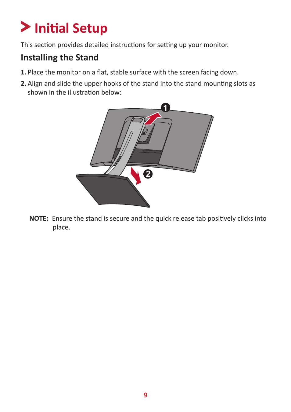 Initial setup, Installing the stand | VIEWSONIC VP3481a 34" 21:9 Curved FreeSync 100 Hz USB Type-C Docking LCD Monitor User Manual | Page 9 / 90