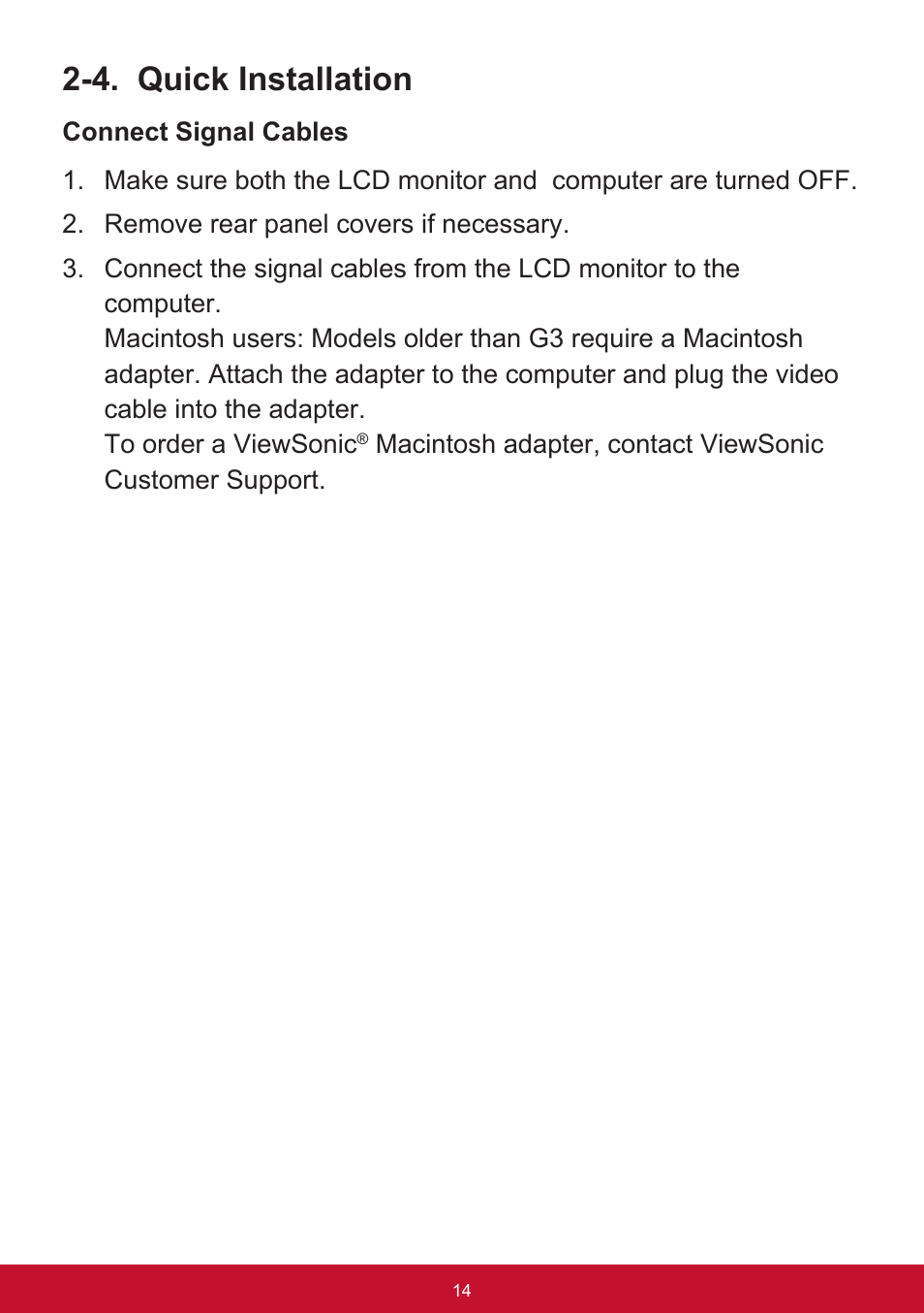 4. quick installation | VIEWSONIC XG2560 25" 16:9 LCD Gaming Monitor User Manual | Page 18 / 65