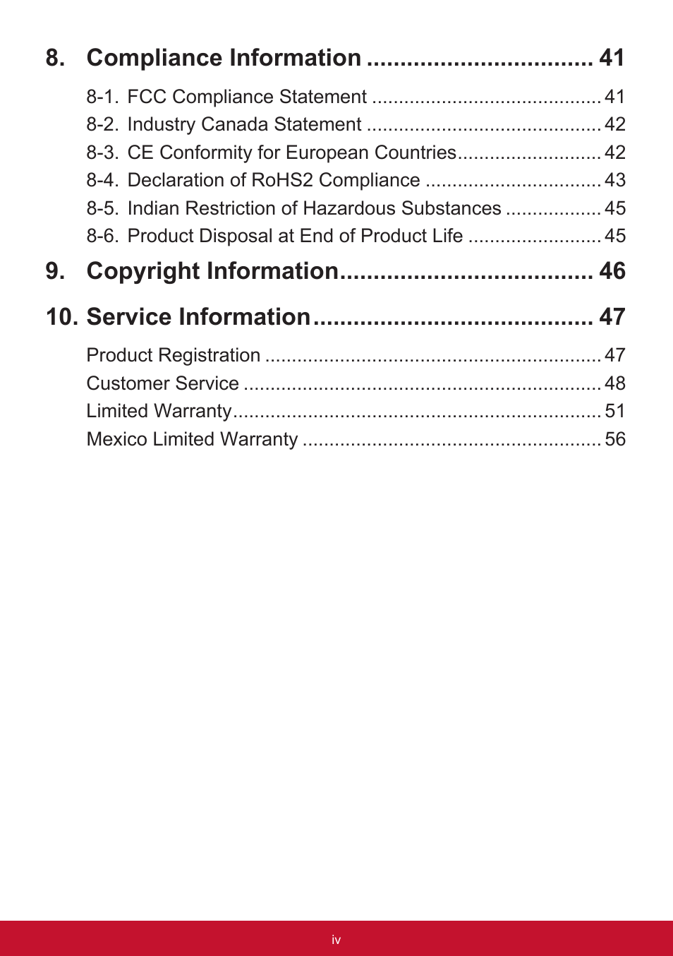 Compliance information, Copyright information 10. service information | VIEWSONIC XG2560 25" 16:9 LCD Gaming Monitor User Manual | Page 4 / 65