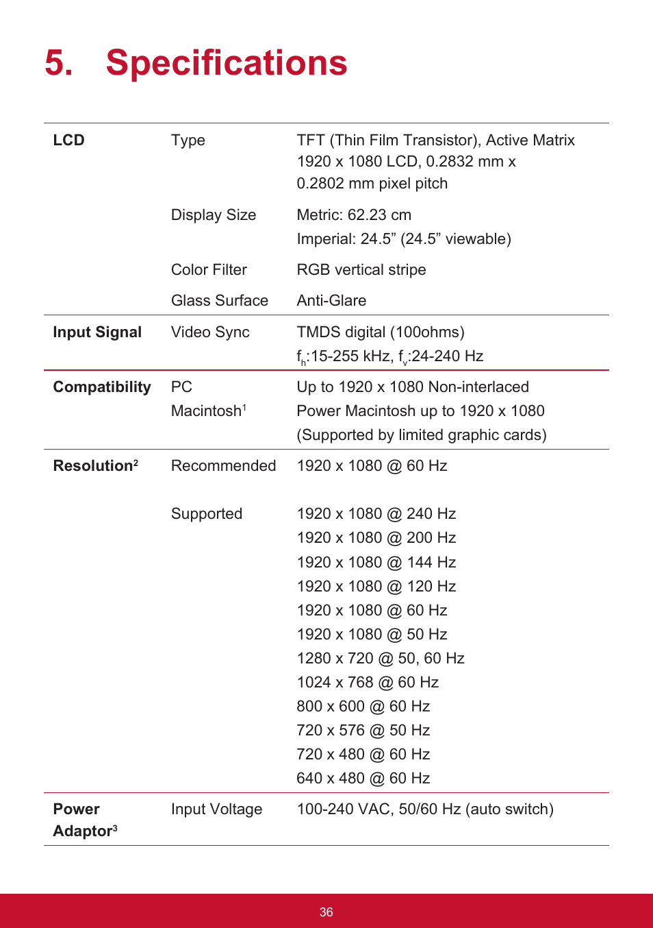 Specifications | VIEWSONIC XG2560 25" 16:9 LCD Gaming Monitor User Manual | Page 40 / 65