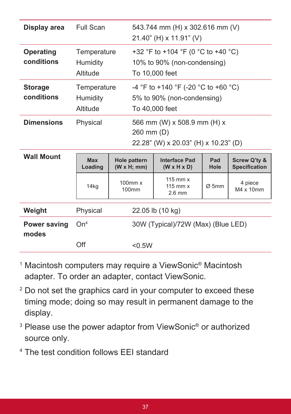 Macintosh computers may require a viewsonic, Please use the power adaptor from viewsonic, Or authorized source only | The test condition follows eei standard | VIEWSONIC XG2560 25" 16:9 LCD Gaming Monitor User Manual | Page 41 / 65