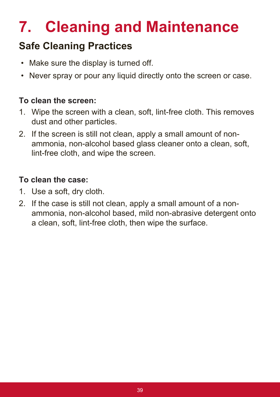 Cleaning and maintenance, Safe cleaning practices | VIEWSONIC XG2560 25" 16:9 LCD Gaming Monitor User Manual | Page 43 / 65