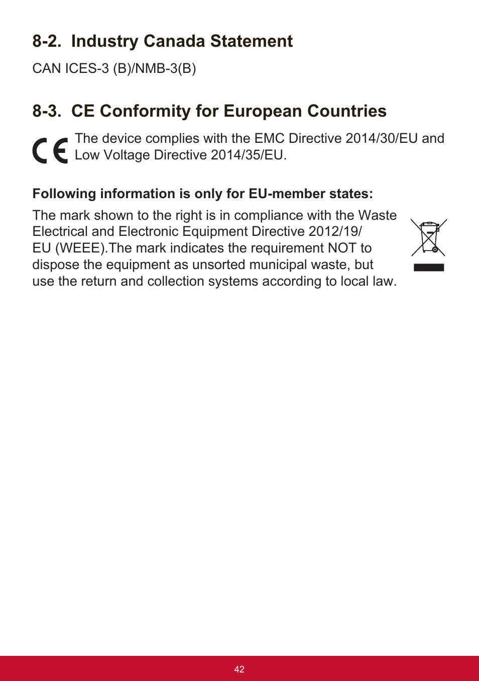 2. industry canada statement, 3. ce conformity for european countries | VIEWSONIC XG2560 25" 16:9 LCD Gaming Monitor User Manual | Page 46 / 65