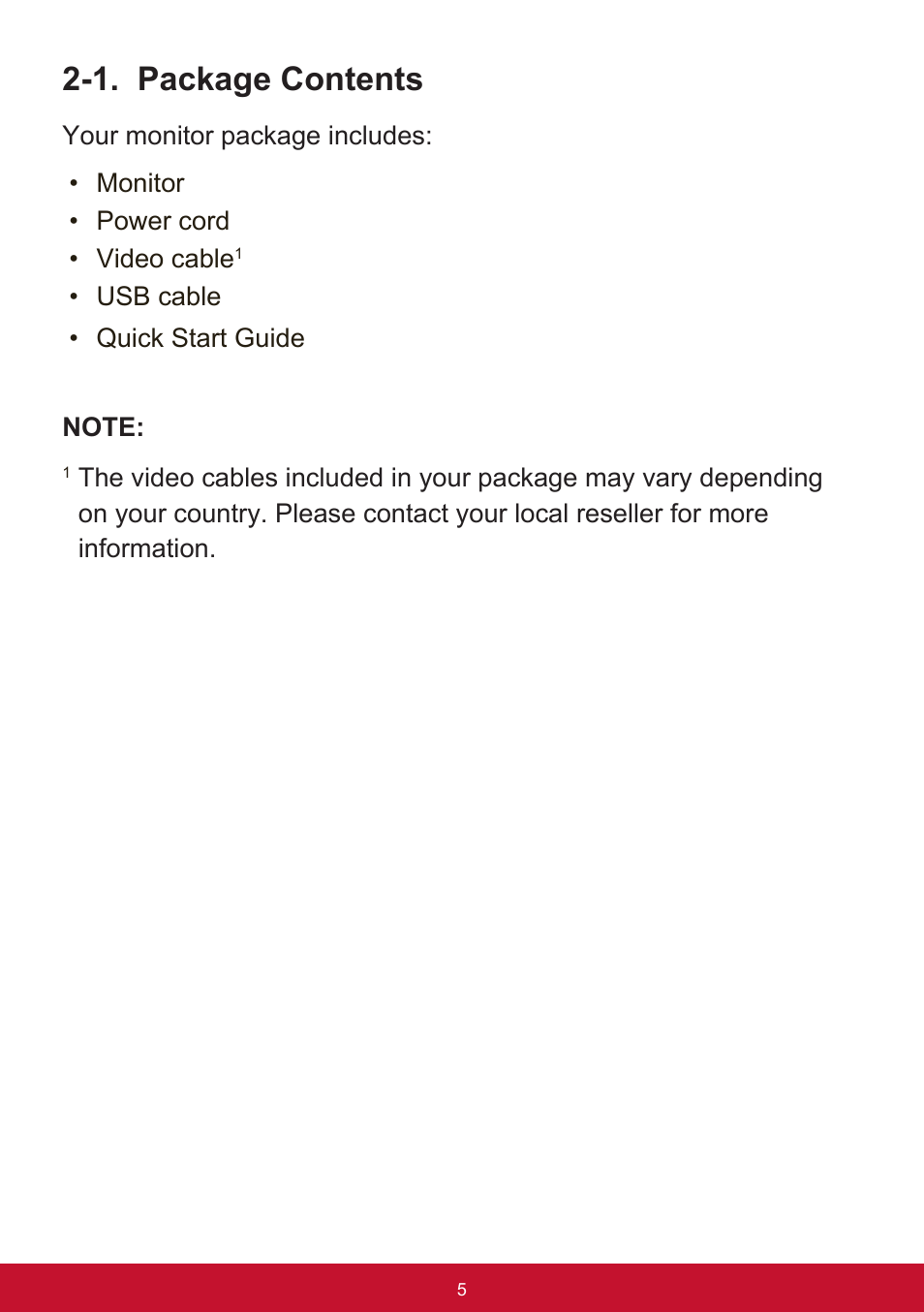 1. package contents | VIEWSONIC XG2560 25" 16:9 LCD Gaming Monitor User Manual | Page 9 / 65