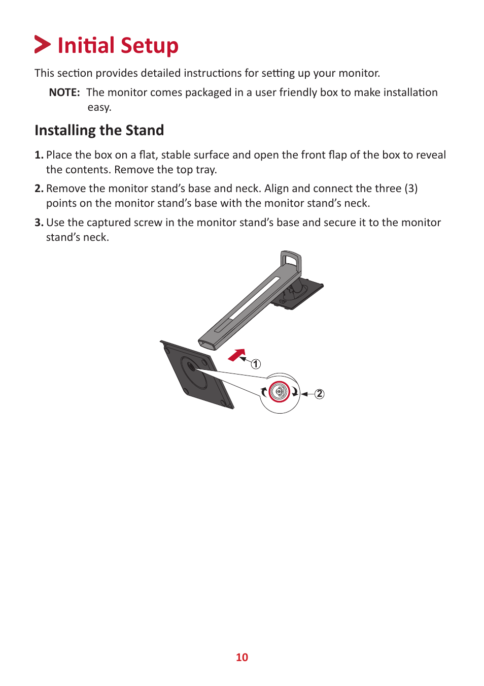 Initial setup, Installing the stand | VIEWSONIC VG3456 34" 21:9 USB Type-C Docking VA Monitor User Manual | Page 10 / 69