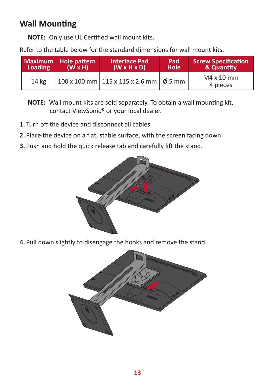 Wall mounting | VIEWSONIC VG3456 34" 21:9 USB Type-C Docking VA Monitor User Manual | Page 13 / 69