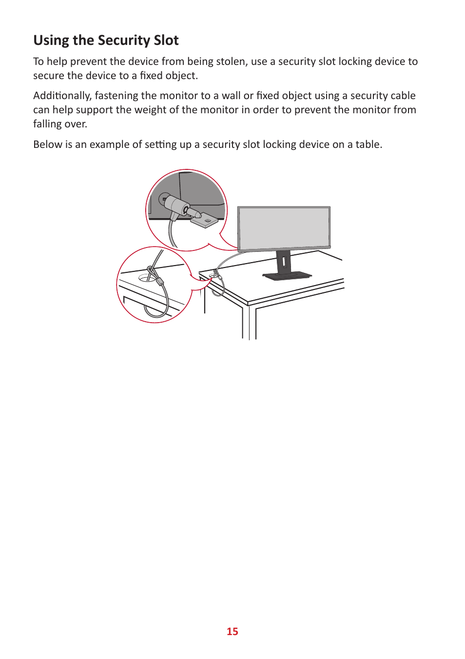 Using the security slot | VIEWSONIC VG3456 34" 21:9 USB Type-C Docking VA Monitor User Manual | Page 15 / 69