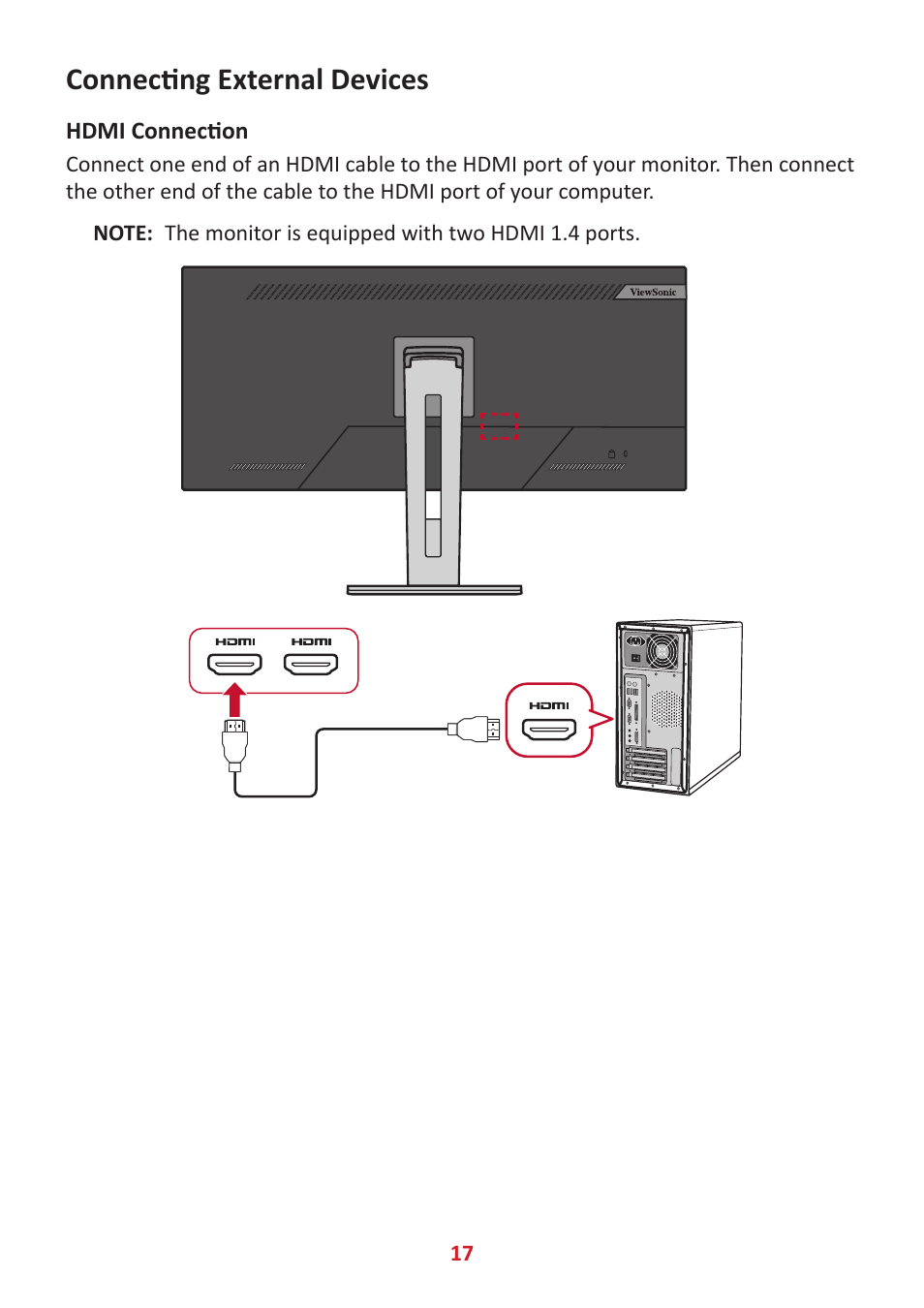 Connecting external devices, Hdmi connection | VIEWSONIC VG3456 34" 21:9 USB Type-C Docking VA Monitor User Manual | Page 17 / 69