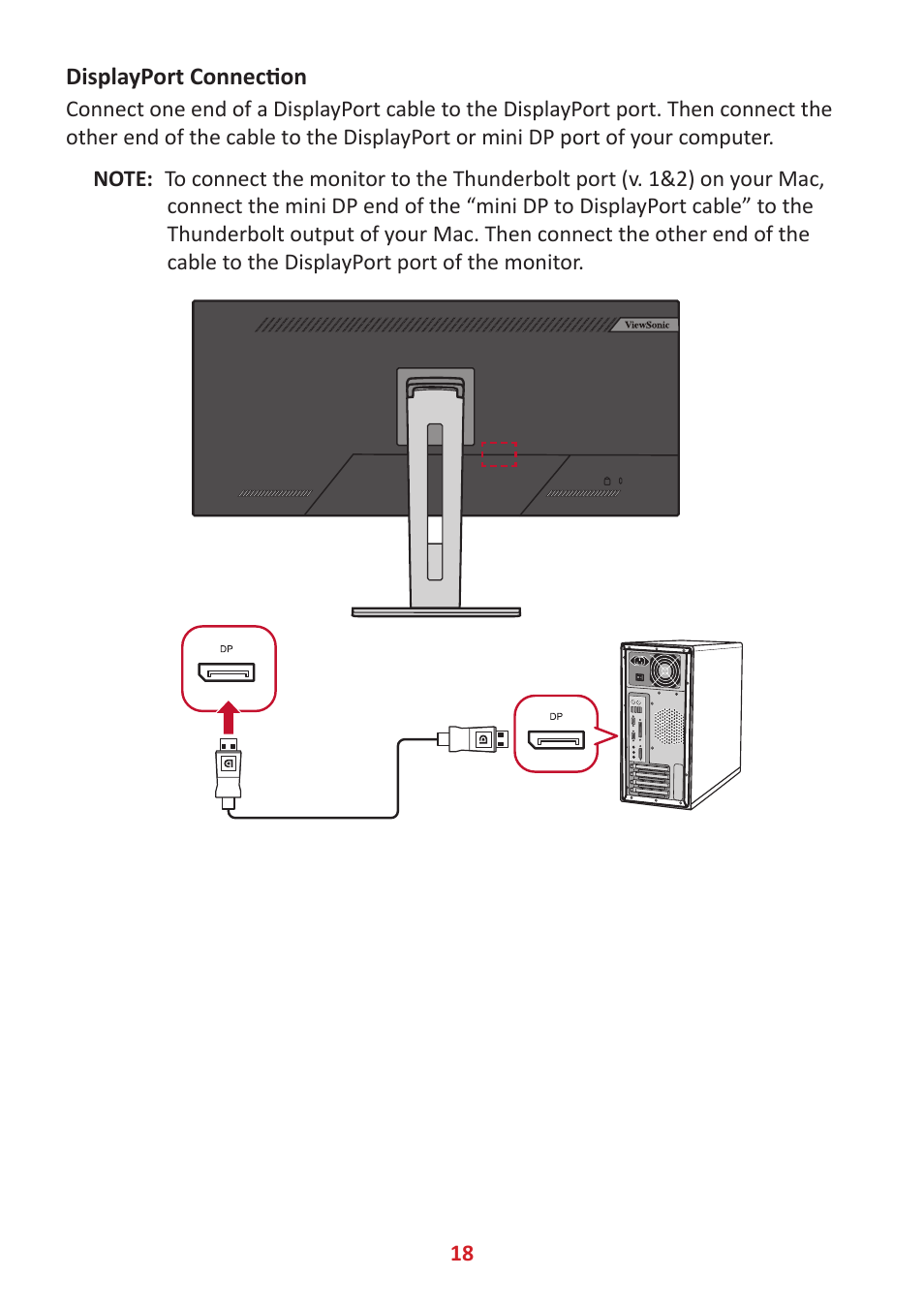 Displayport connection | VIEWSONIC VG3456 34" 21:9 USB Type-C Docking VA Monitor User Manual | Page 18 / 69