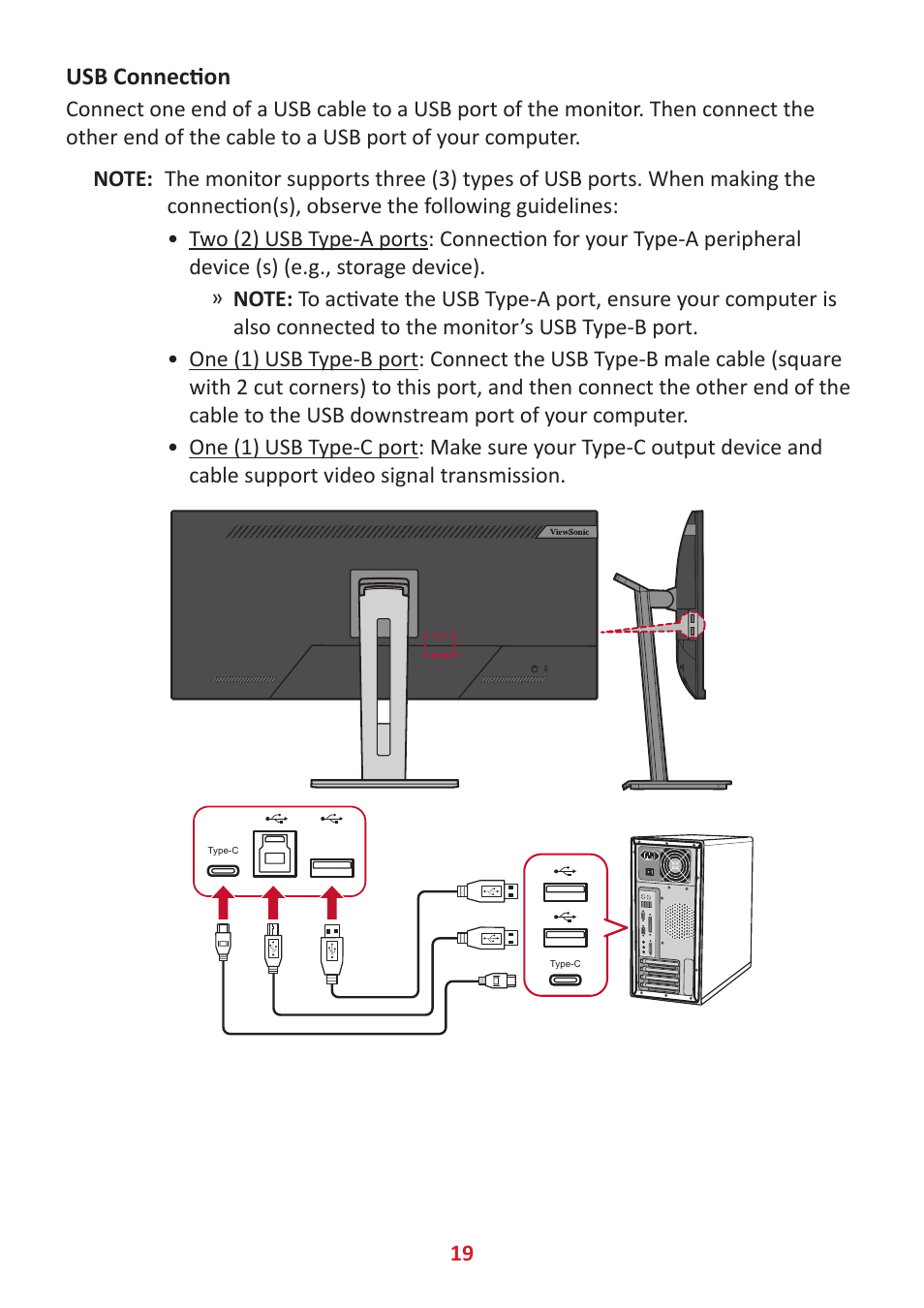 Usb connection | VIEWSONIC VG3456 34" 21:9 USB Type-C Docking VA Monitor User Manual | Page 19 / 69