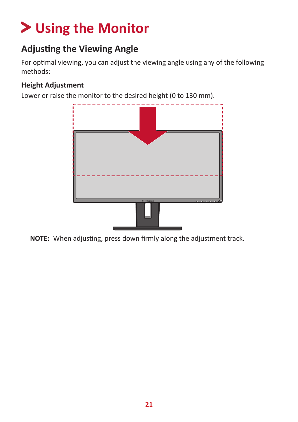 Using the monitor, Adjusting the viewing angle, Height adjustment | VIEWSONIC VG3456 34" 21:9 USB Type-C Docking VA Monitor User Manual | Page 21 / 69