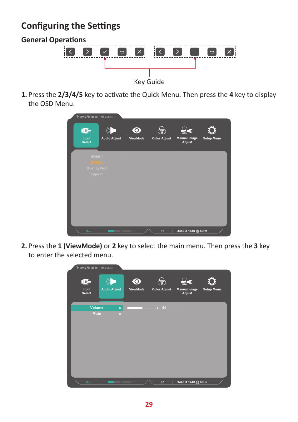 Configuring the settings, General operations | VIEWSONIC VG3456 34" 21:9 USB Type-C Docking VA Monitor User Manual | Page 29 / 69