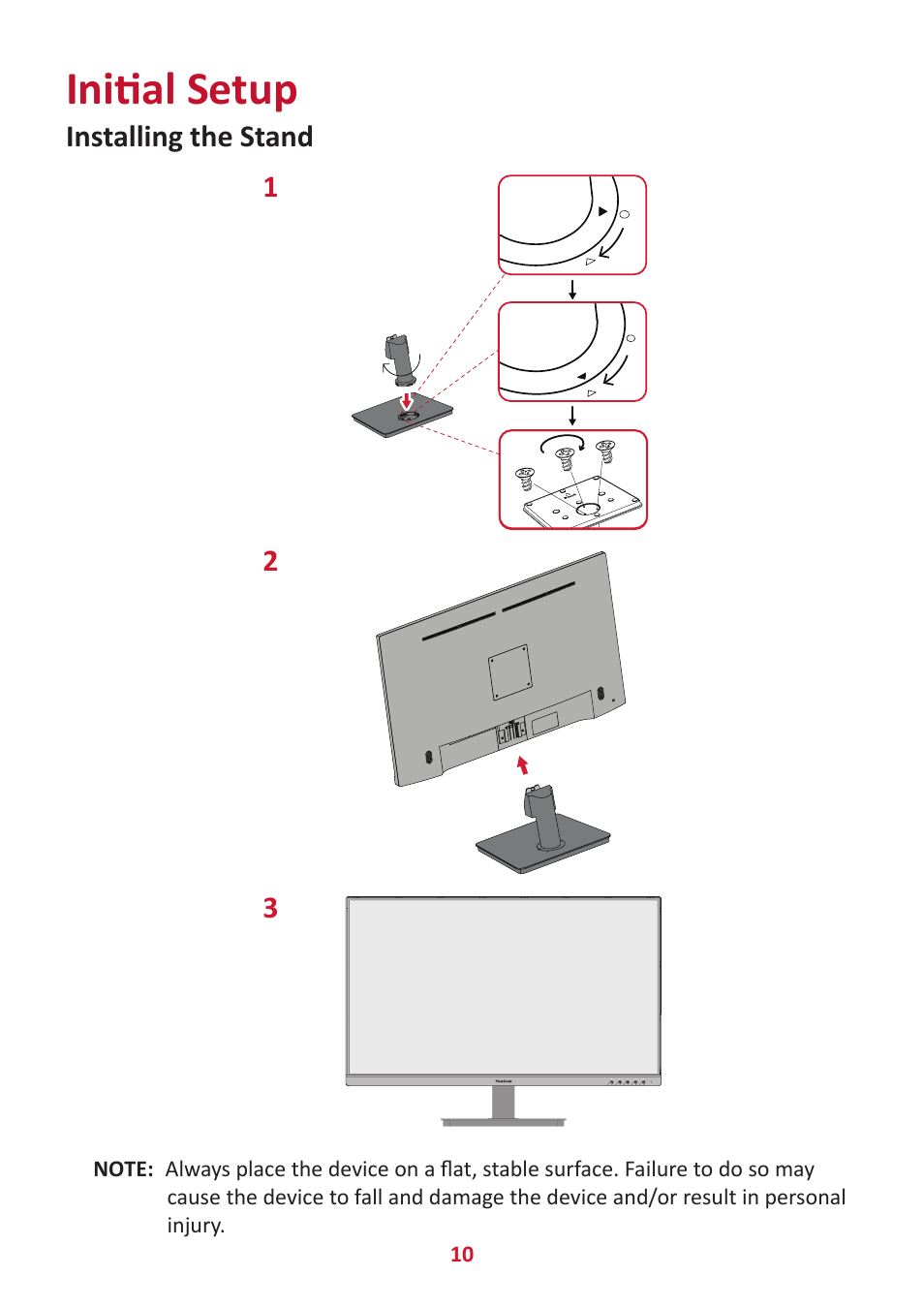 Initial setup, Installing the stand | VIEWSONIC VA3209M 31.5" Monitor User Manual | Page 10 / 49