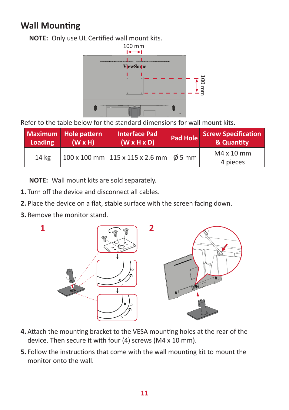 Wall mounting | VIEWSONIC VA3209M 31.5" Monitor User Manual | Page 11 / 49