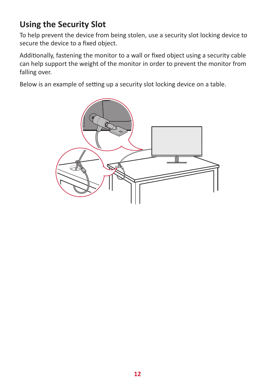 Using the security slot | VIEWSONIC VA3209M 31.5" Monitor User Manual | Page 12 / 49