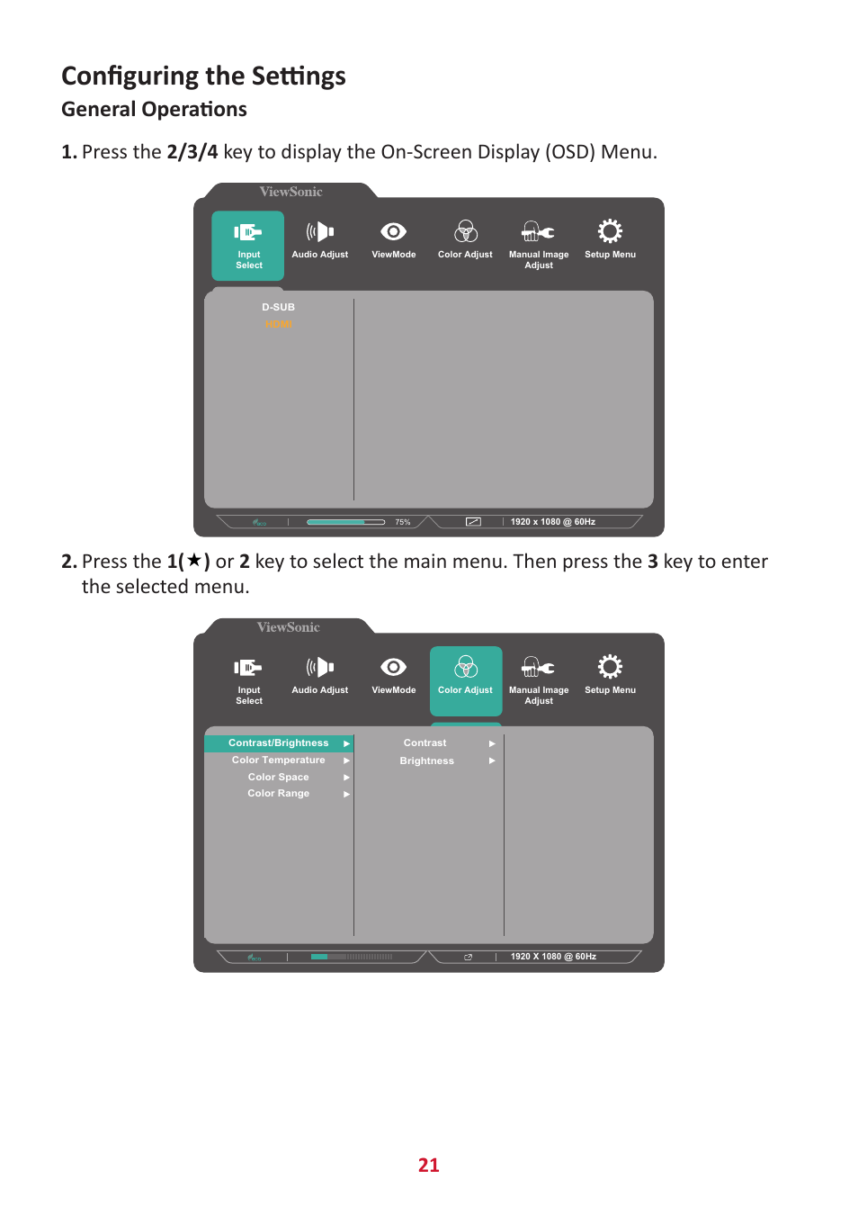 Configuring the settings, General operations | VIEWSONIC VA3209M 31.5" Monitor User Manual | Page 21 / 49